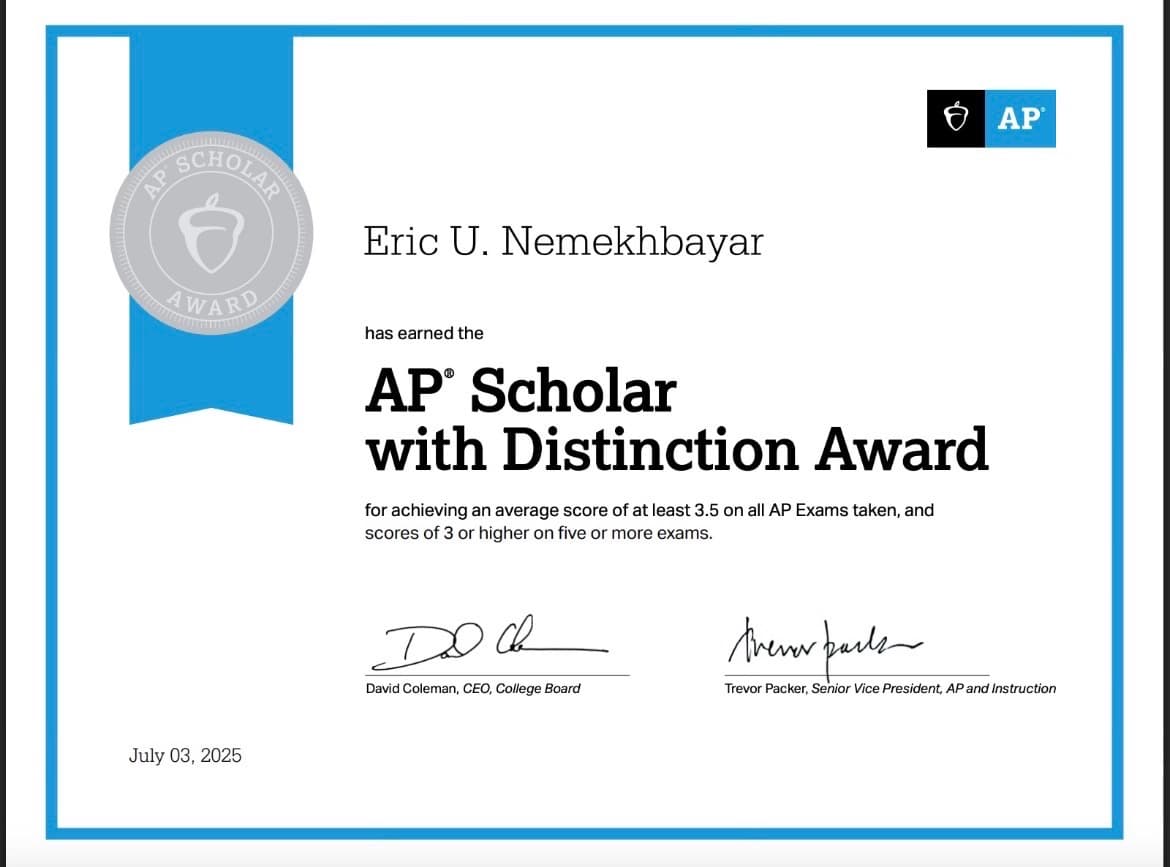 AP Scholar with Distinction certificate for Eric U. Nemekhbayar, dated July 3, 2025.