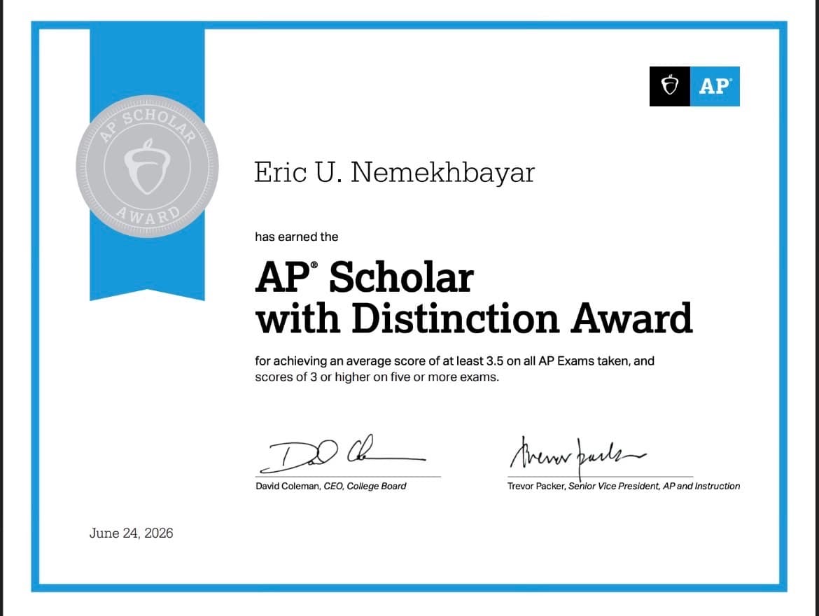 AP Scholar with Distinction certificate for Eric U. Nemekhbayar, dated June 24, 2026.
